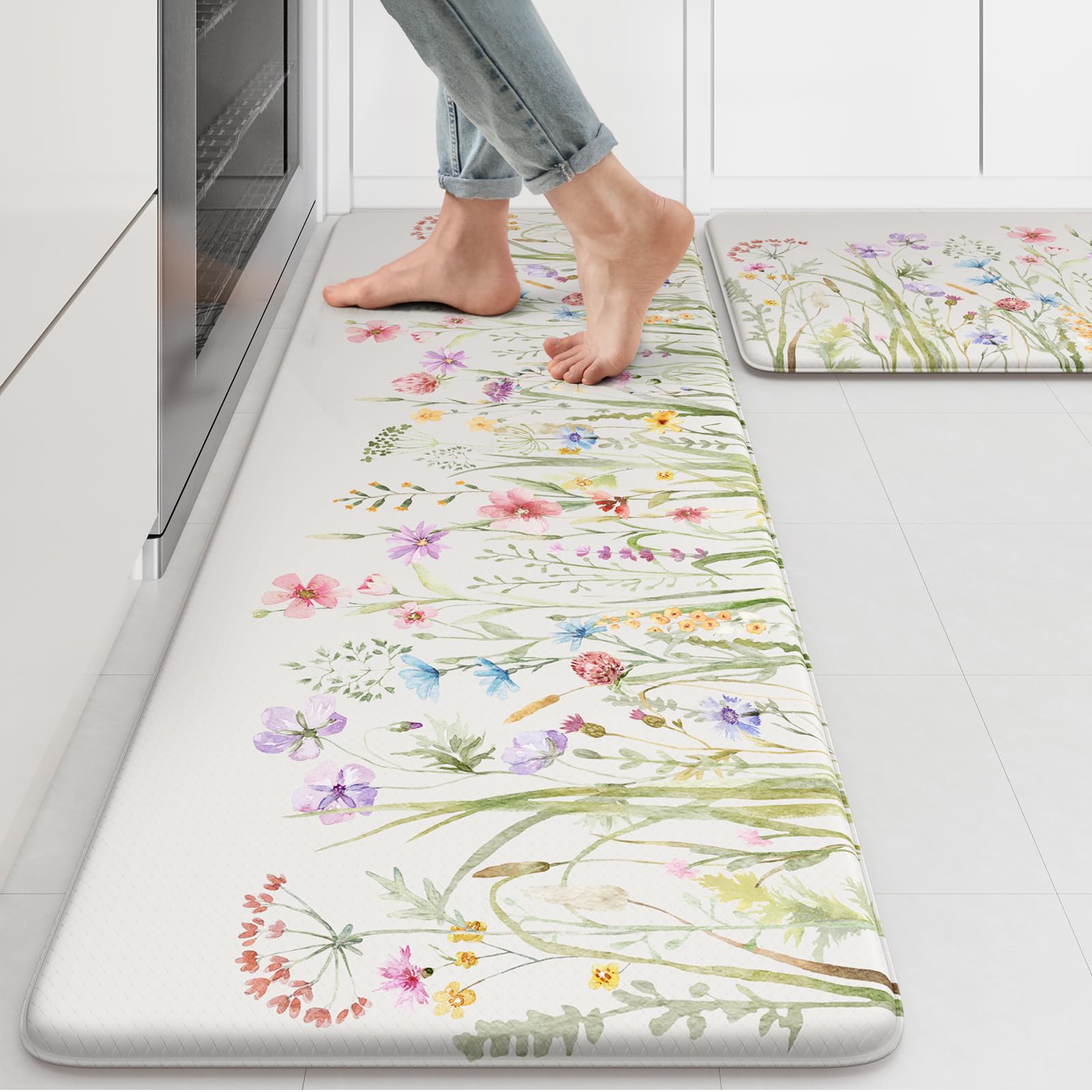 KIMODE alfombra antifatiga de cocina con flores blancas para mayor comodidad.