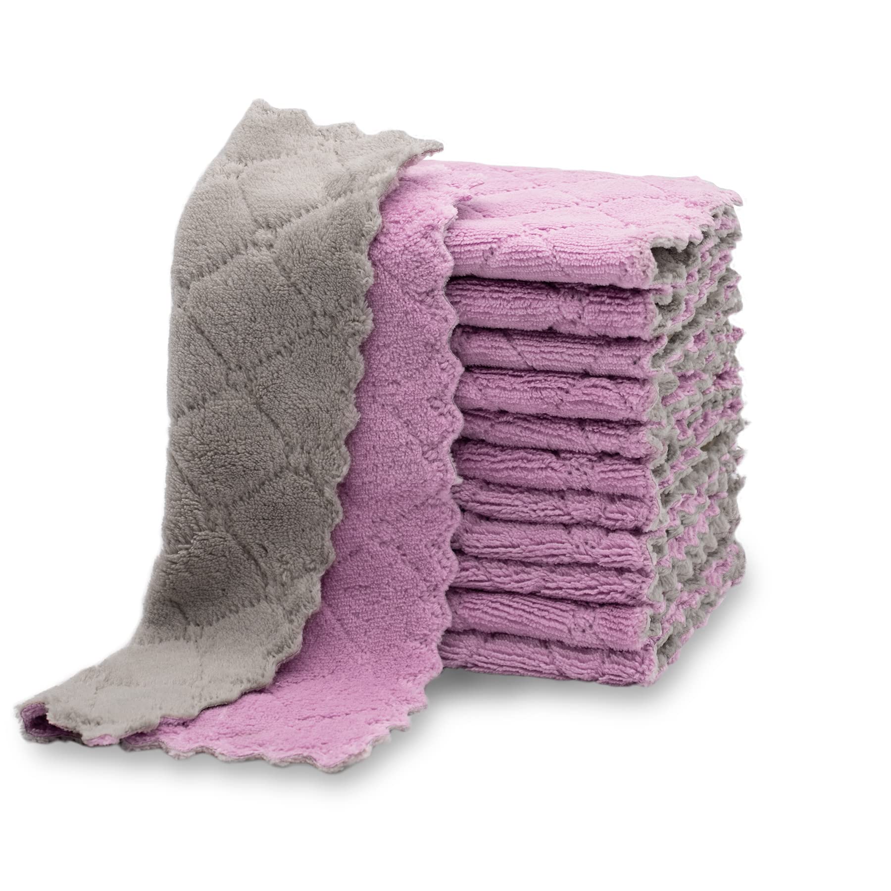 Kimteny 12-pack toallas absorbentes con terciopelo coral morado-gris, ideal para secar utensilios.