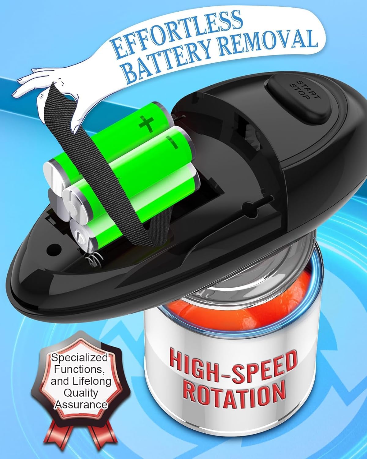 KingGardan abrelatas eléctrico funciona con baterías AA para uso móvil.