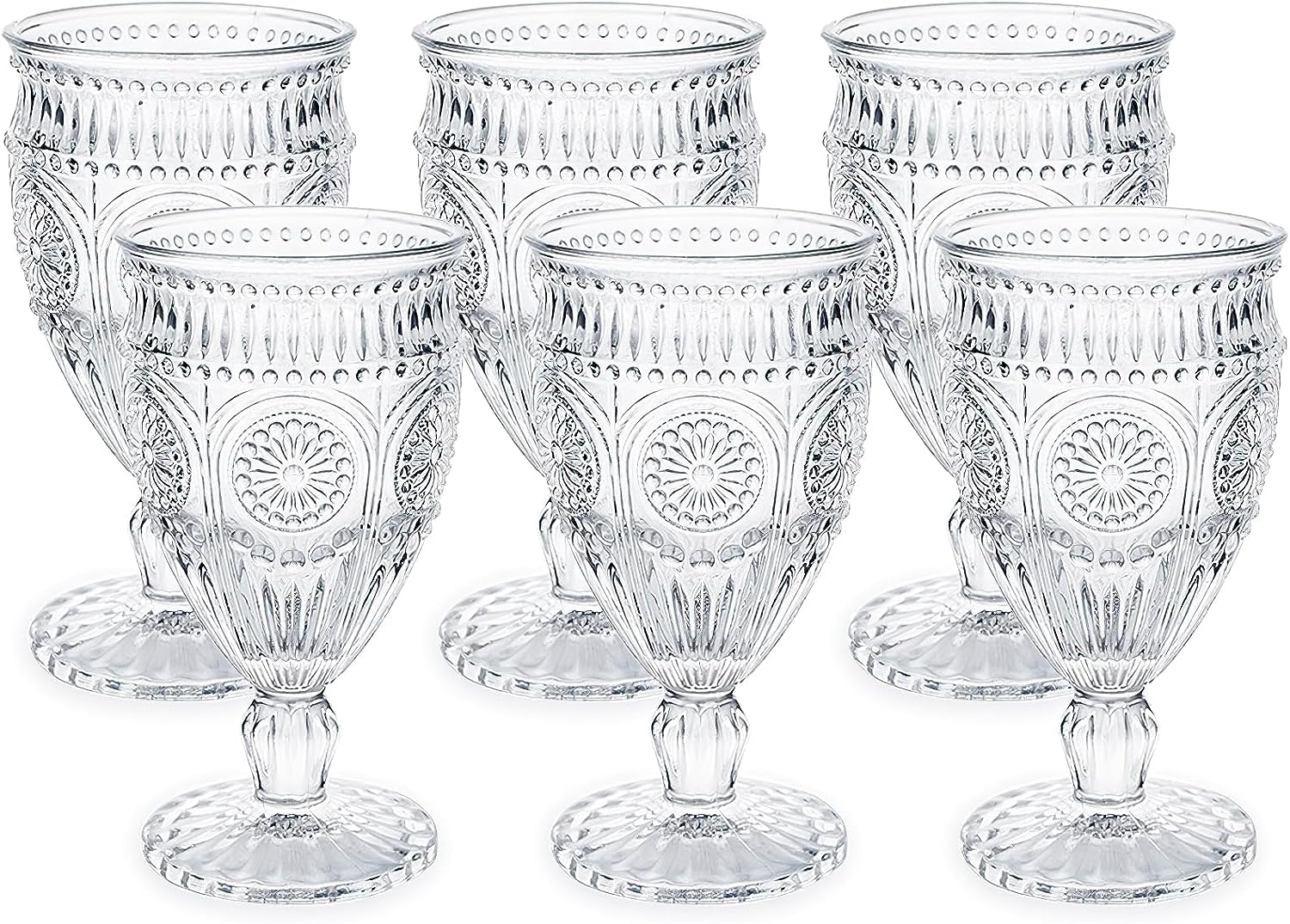 Kingrol copas vintage de 10 onzas, set de 6, vidrio prensado, diseño ornamentado para mesa