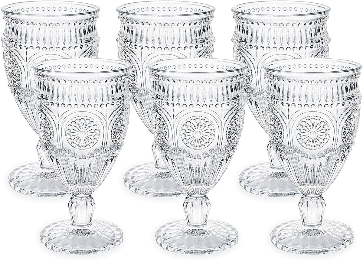 Kingrol copas vintage de 10 onzas, set de 6, vidrio prensado, diseño ornamentado para mesa