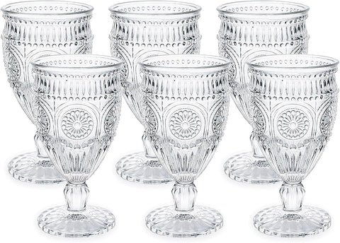 Kingrol copas vintage de 10 onzas, set de 6, vidrio prensado, diseño ornamentado para mesa