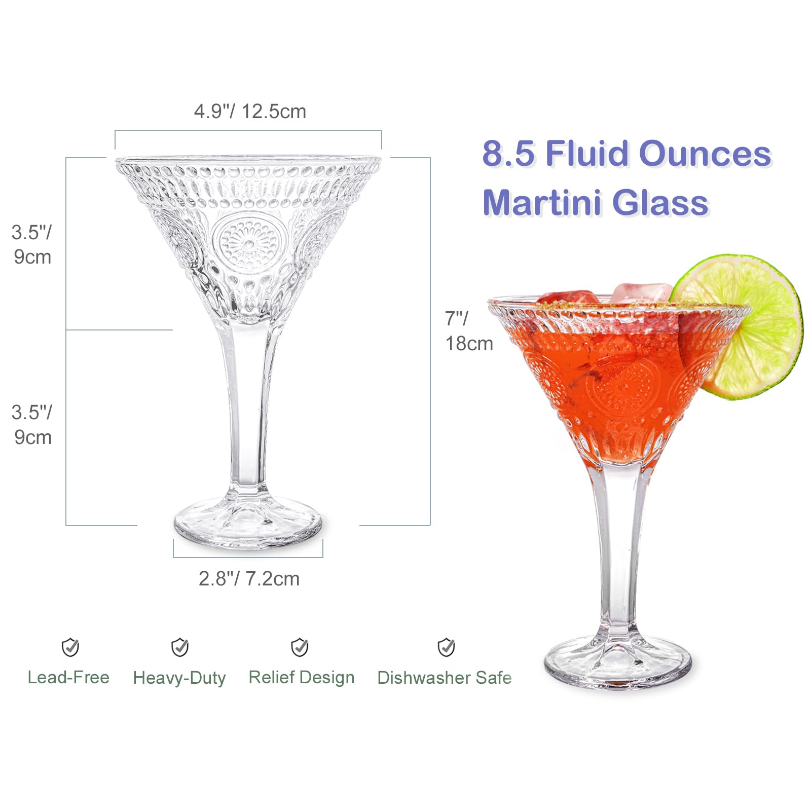 Vaso martini Kingrol de 8.5 onzas con tallo largo para mantener la bebida fría