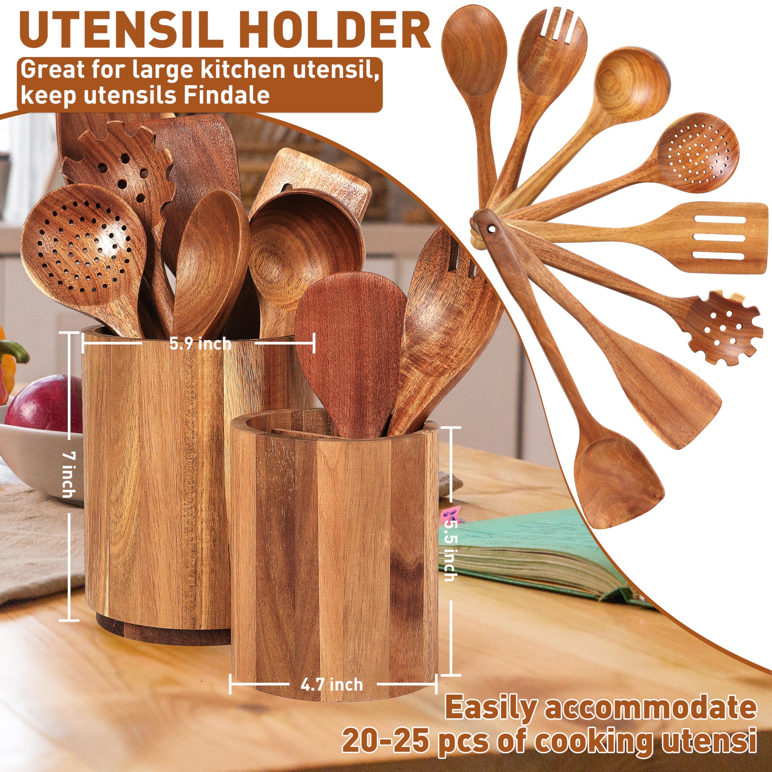 KINGSOW utensilios de madera acacia para almacenamiento elegante en la encimera.