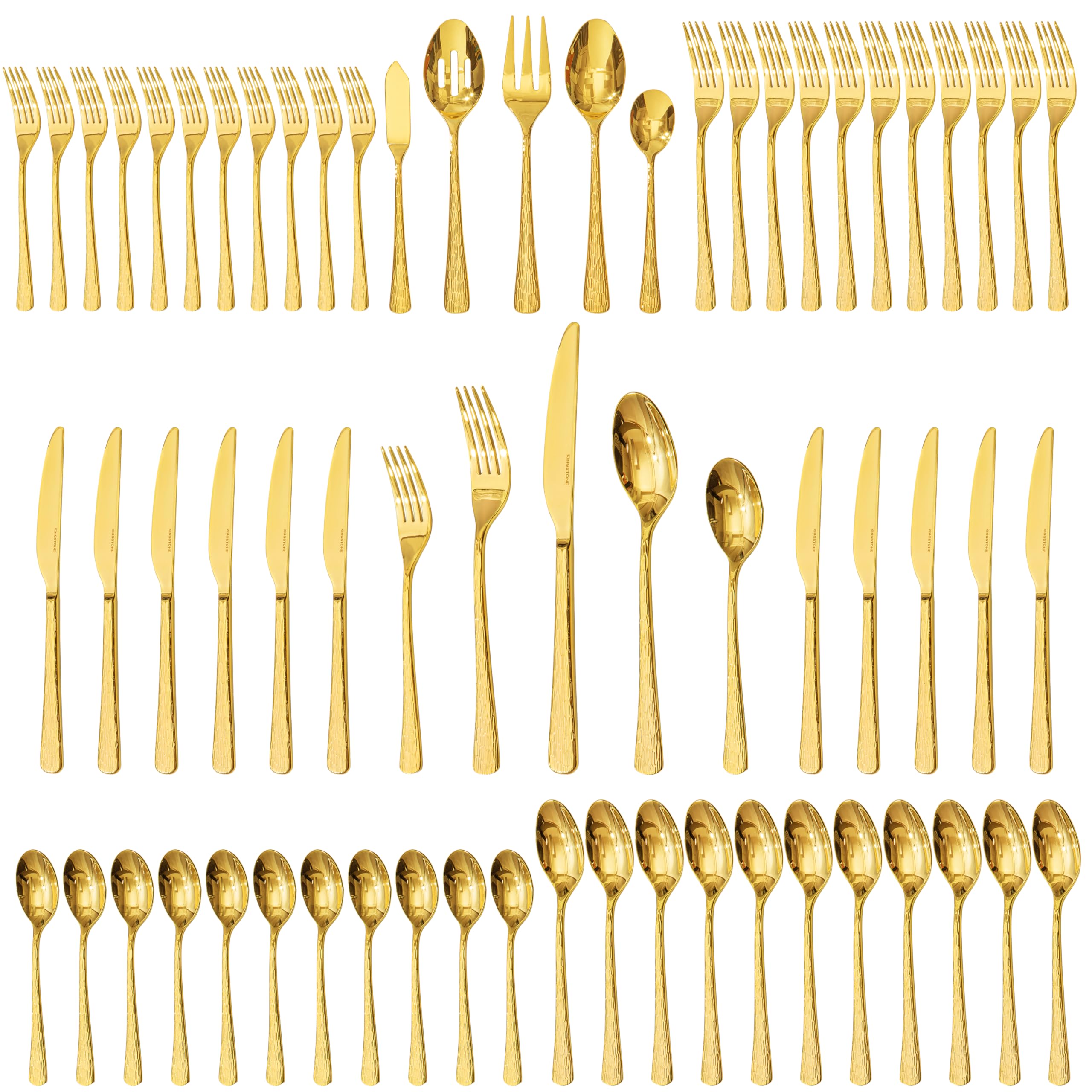 Kingstone conjunto cubiertos dorados, mango martillado, detalle elegante para mesa