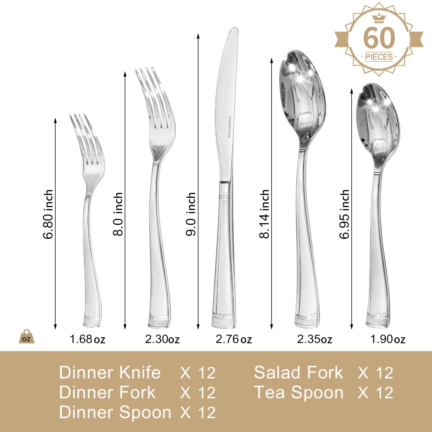Cuchillos y tenedores KINGSTONE con acabado espejo, acero 18/10 para mesa sofisticada.