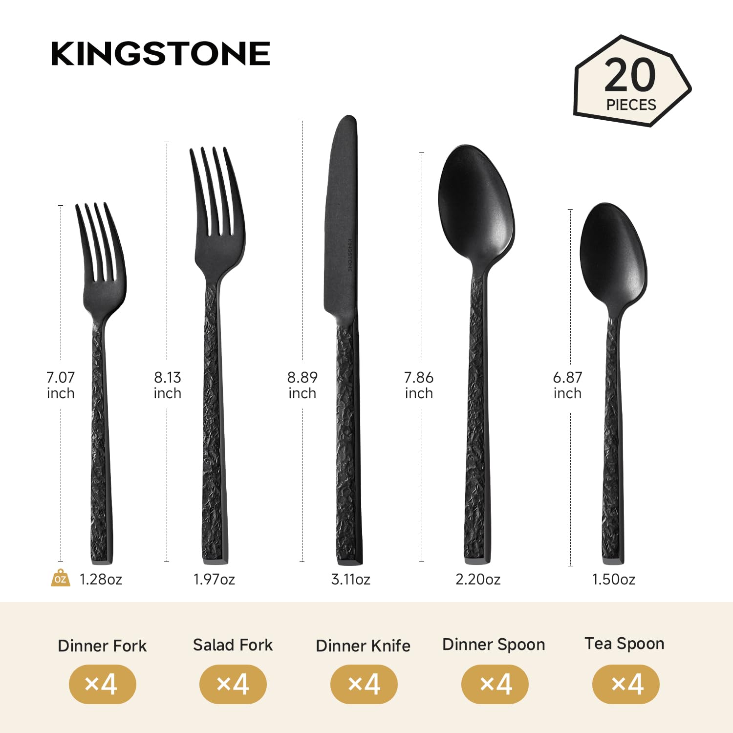 KINGSTONE cuchillos para cena negro mate, mango equilibrado.