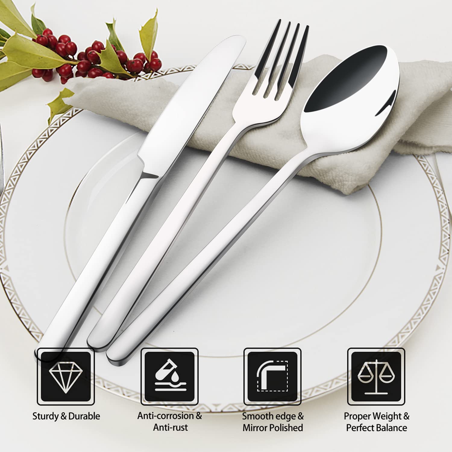 Diseño espejo KINGSTONE de cuchillos de cena para líneas limpias y estética moderna.