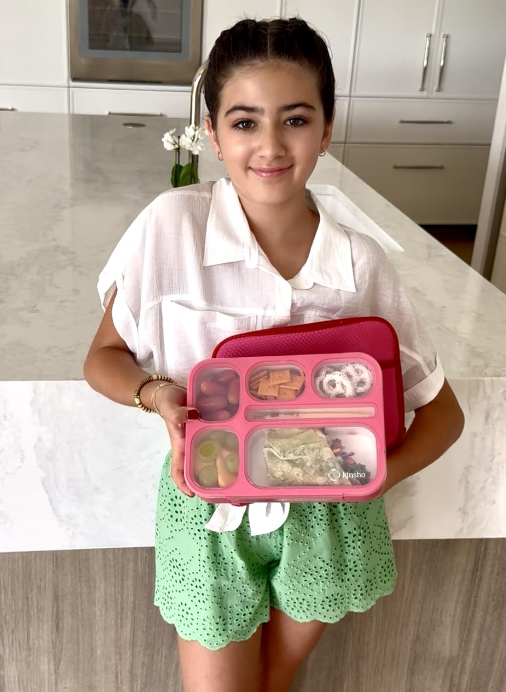 Kinsho bento set de cuatro partes, ideal para ruta escolar y viaje.