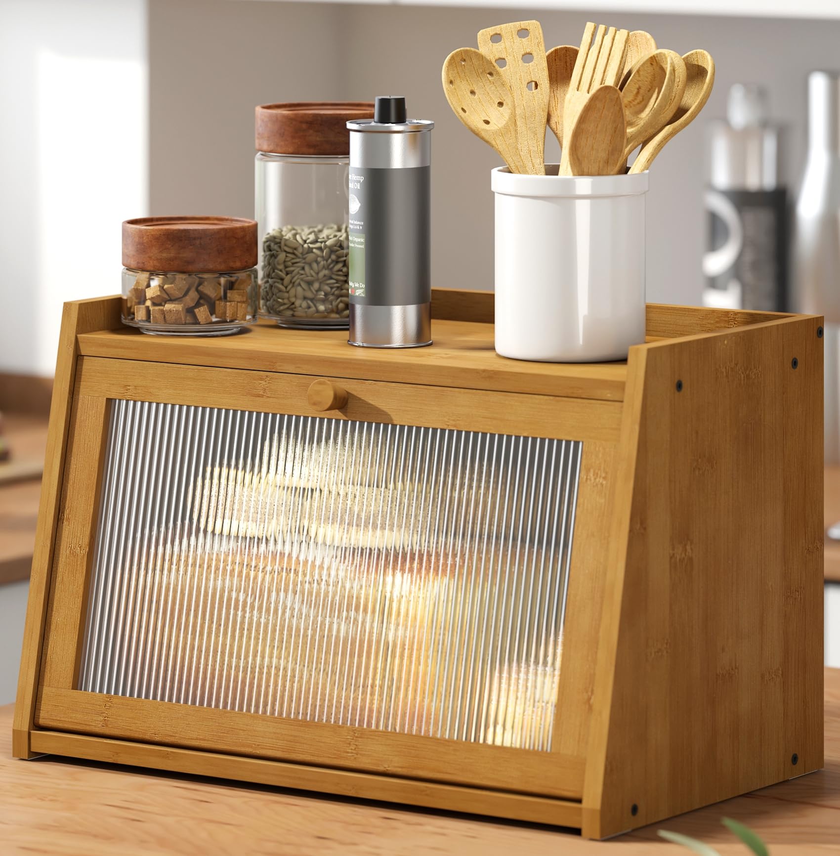 Kiplant caja de pan en bambú marrón, almacenamiento espacioso para pan fresco.