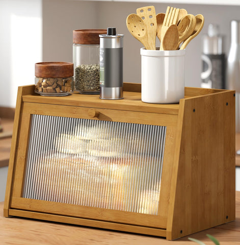 Kiplant caja de pan en bambú marrón, almacenamiento espacioso para pan fresco.