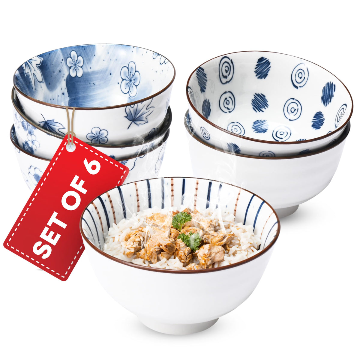 Kirosaku tazones arroz vintage azul blanco para servir porciones con estilo.