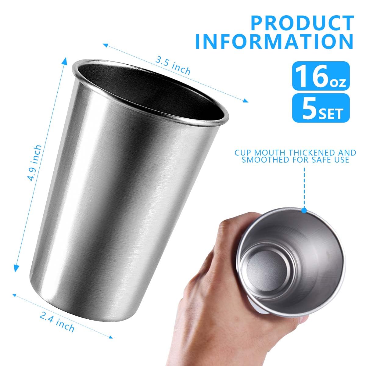 Vaso KISEER de acero inoxidable 500 ml, acabado pulido, ideal para servicio diario.