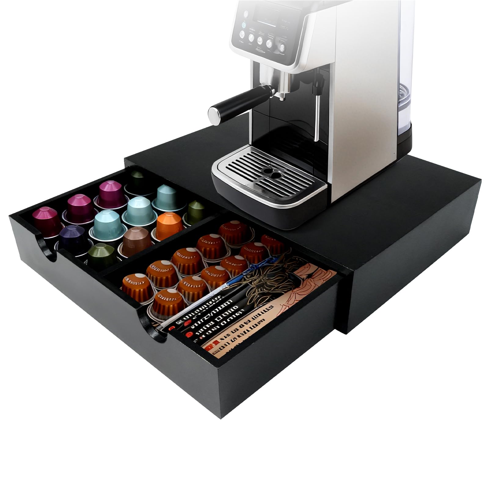 KISENG organiza cápsulas de café con dos cajones, vista frontal.