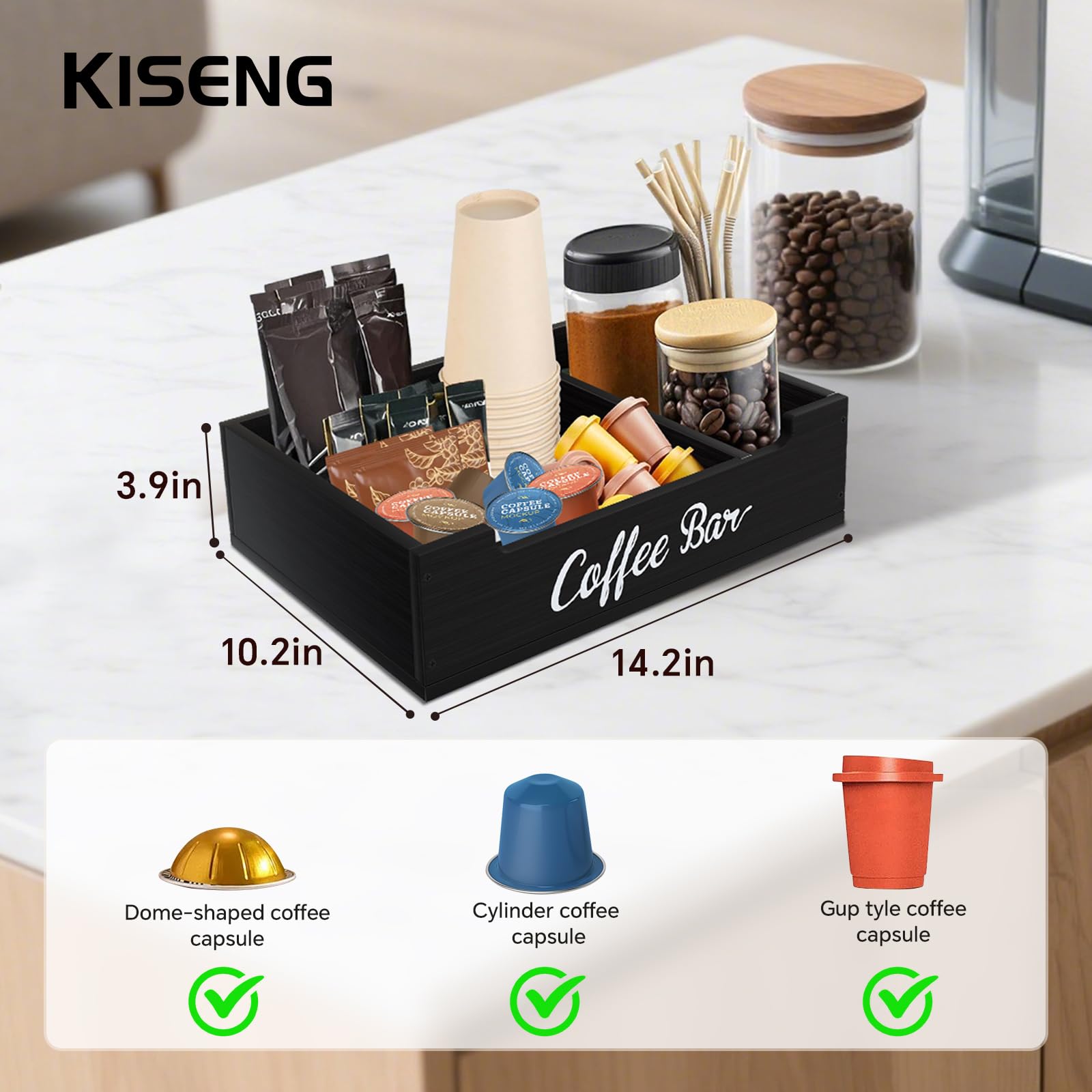 KISENG Organizador doble compartimentos madera 14x10x4 para cápsulas y tazas accesibles.