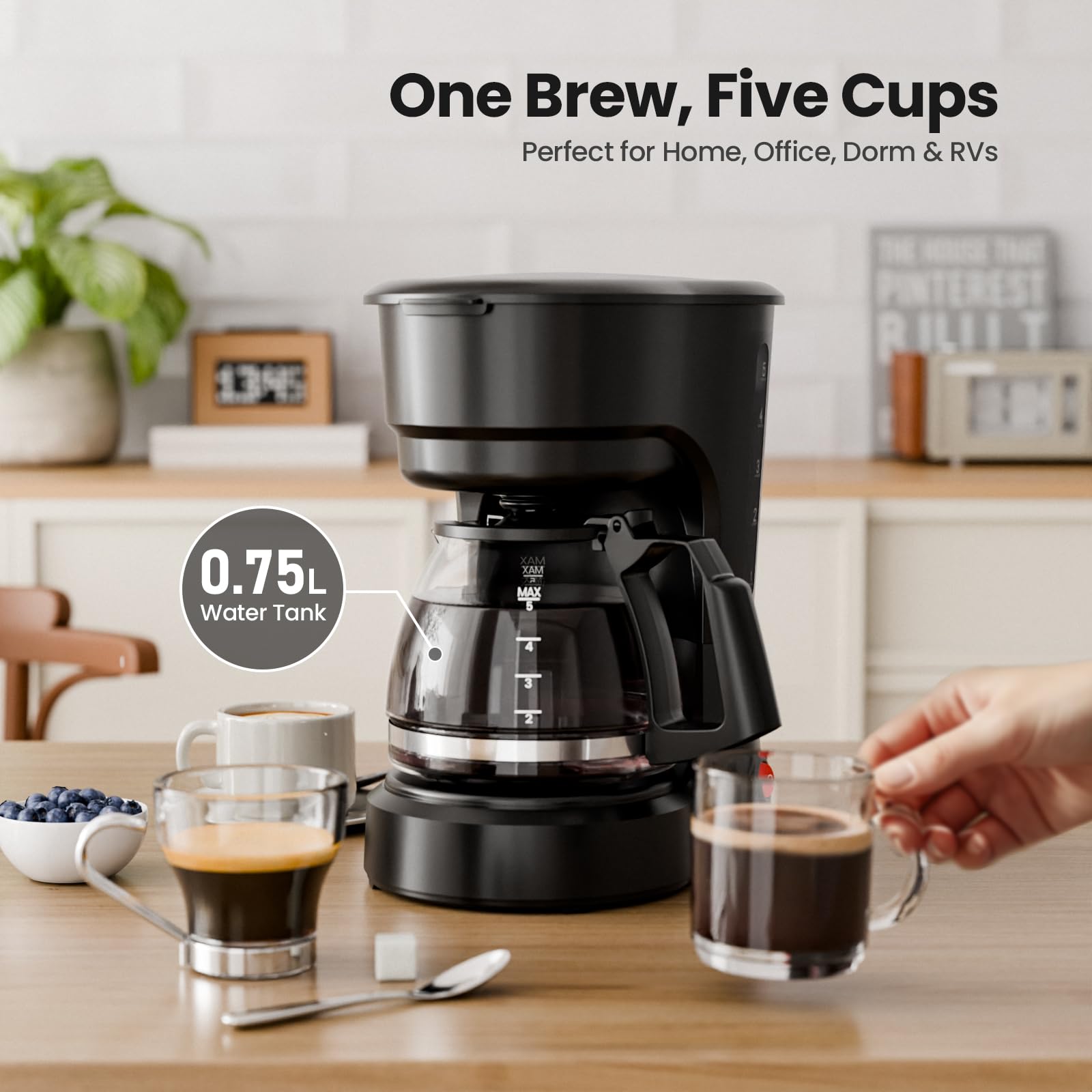 Kismile cafetera 5 tazas, sistema anti-goteo para mañanas limpias.