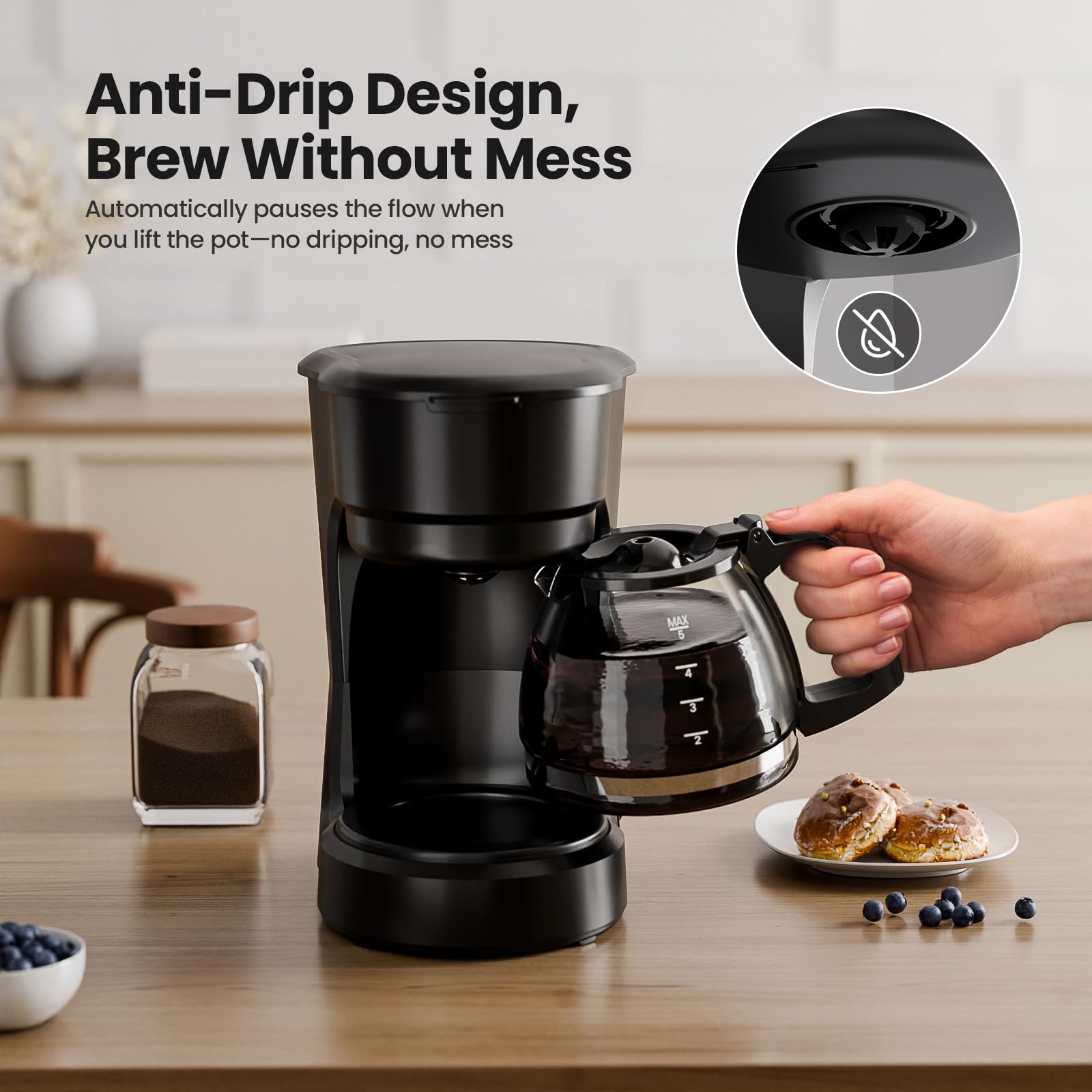 Kismile cafetera 5 tazas, ventana de nivel de agua para medir la cantidad.