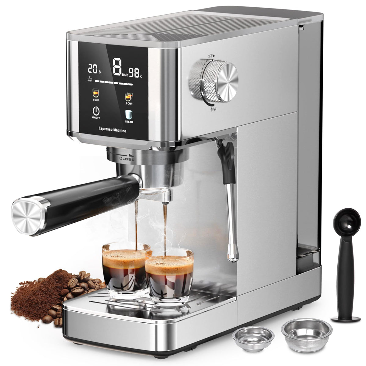 Maquina espresso Kismile frontal, acero inoxidable y diseño duradero.