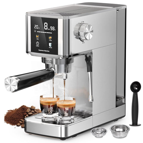 Maquina espresso Kismile frontal, acero inoxidable y diseño duradero.