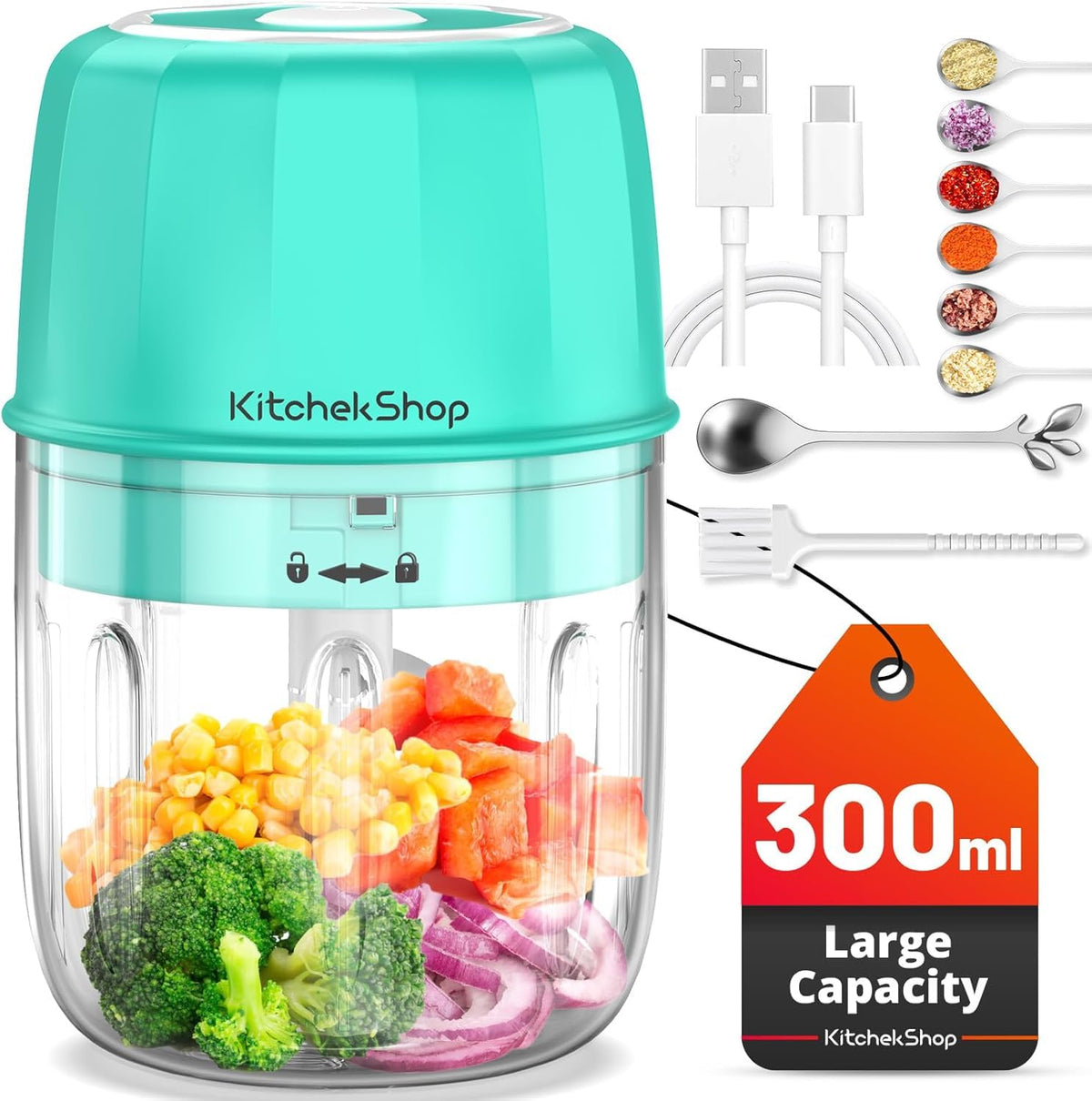 KitchekShop procesador mini portátil en verde ideal para picar ajo