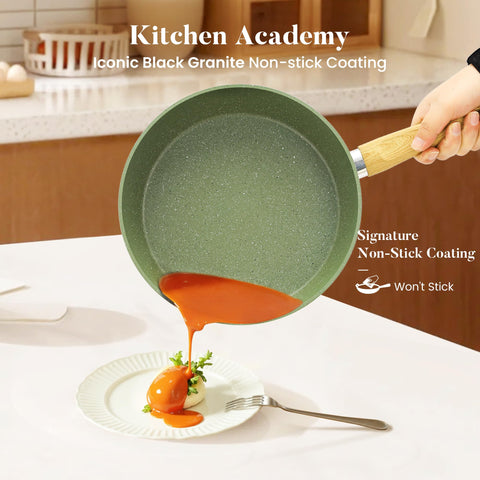 Kitchen Academy granito verde: ollas y sartenes antiadherentes para limpieza fácil.