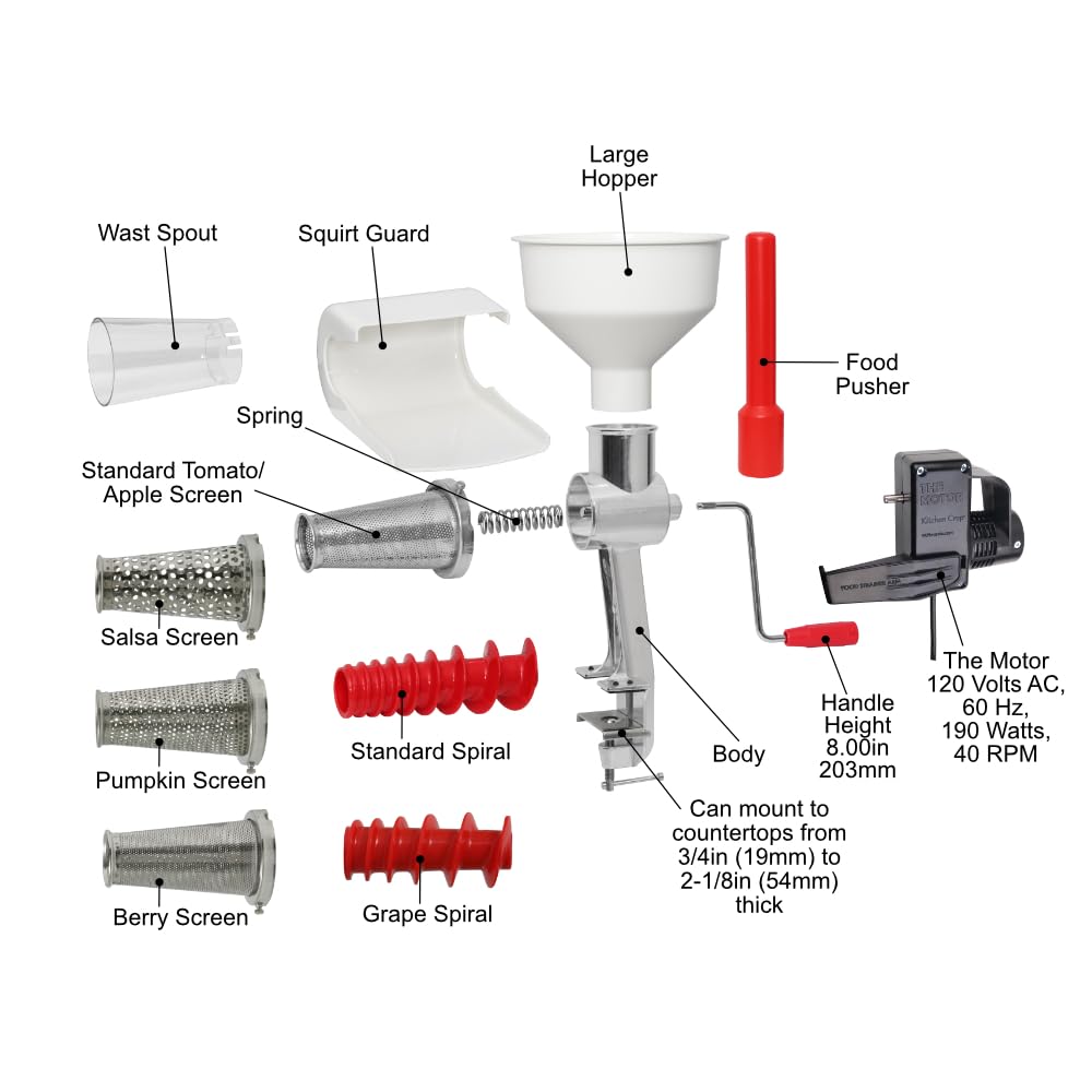 Kitchen Crop Johnny Apple Sauce Maker con criba 2.86 mm, ideal para purés gruesos.