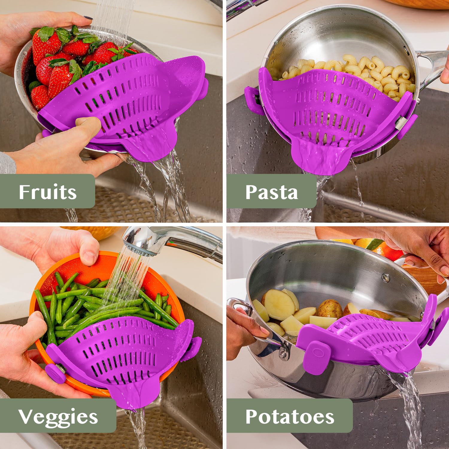Clip seguro de Kitchen Gizmo Snap N Strain para ollas y tazones
