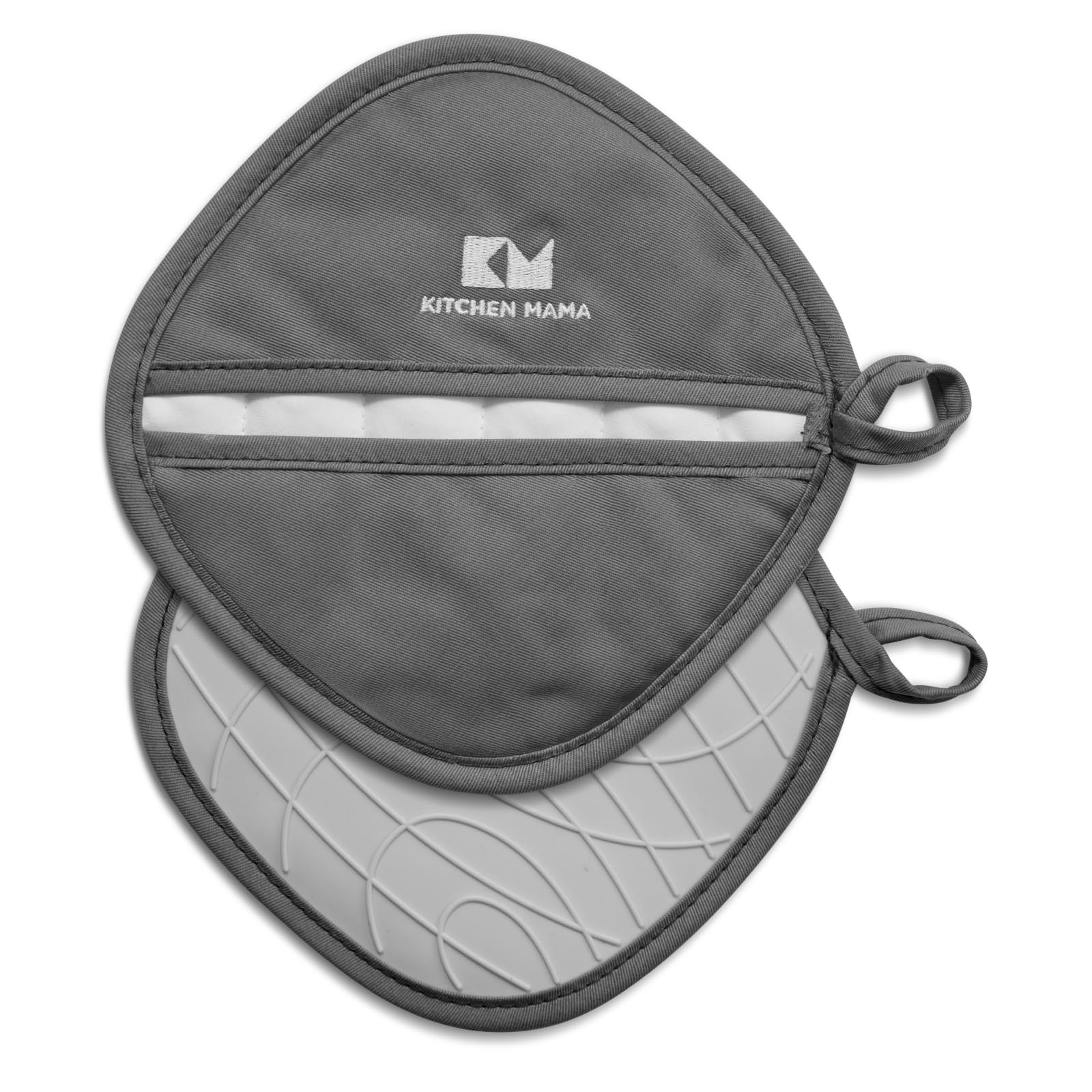 Manoplas de silicona Kitchen Mama con doble bolsillo, agarre seguro para ollas calientes.