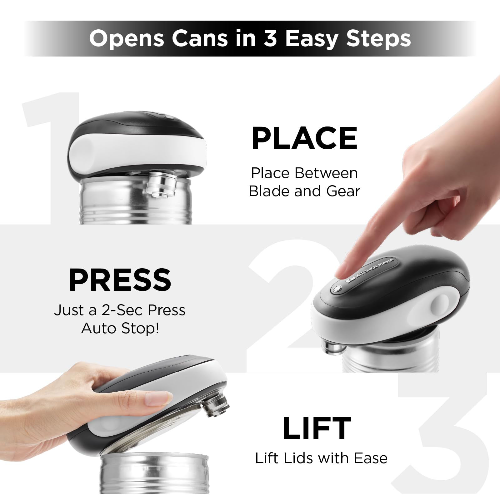 Kitchen Mama One-To-Go detecta la forma de la lata para un corte suave y preciso.