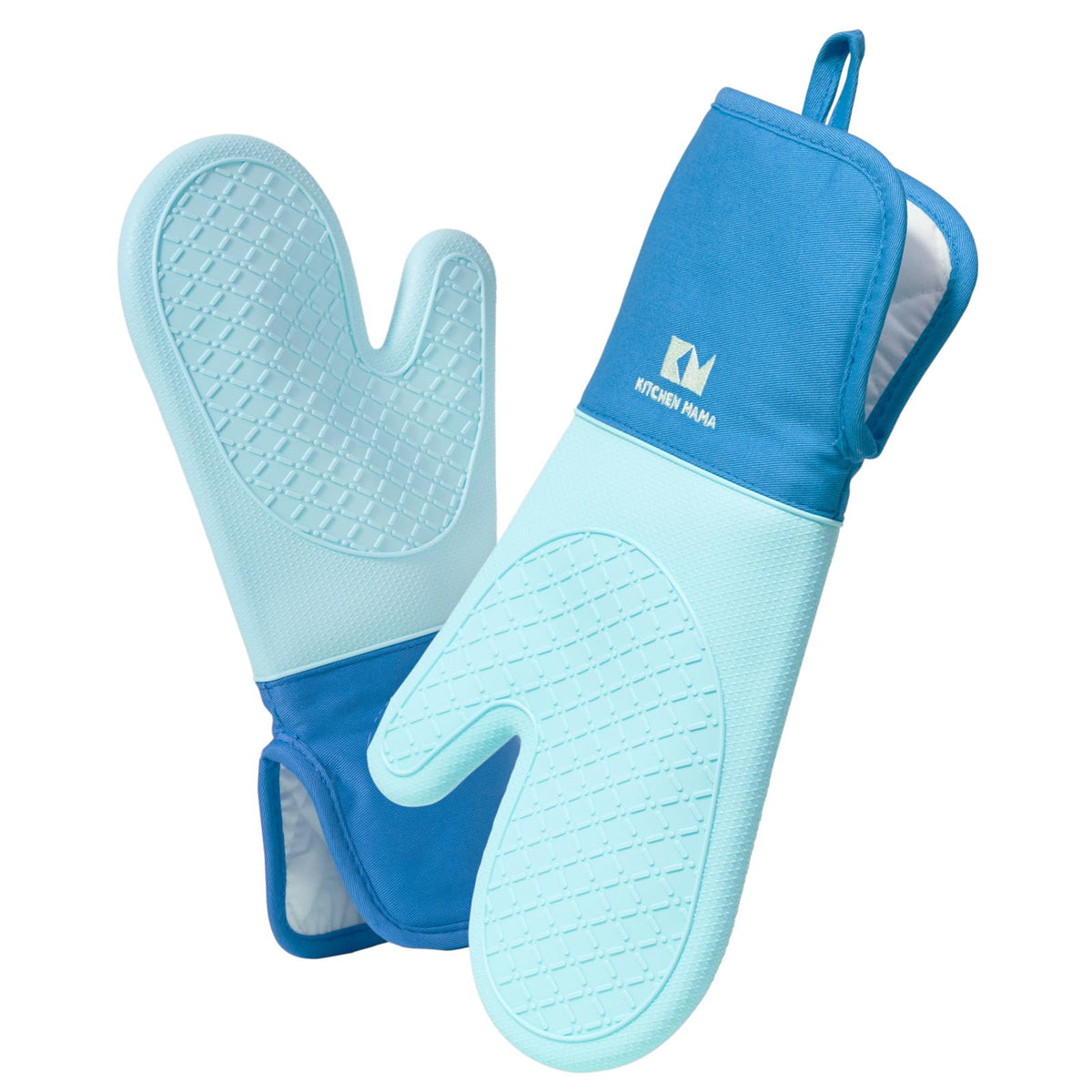 Guantes Kitchen Mama UltraShield en azul ofrecen un agarre seguro para ollas calientes.