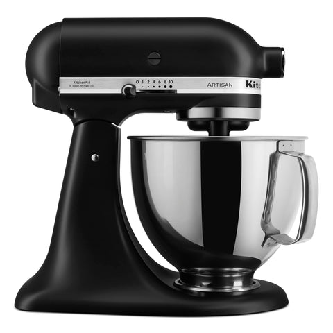 KitchenAid Artisan 5qt con cabeza inclinable y cubeta de acero inoxidable, ideal para masas grandes.