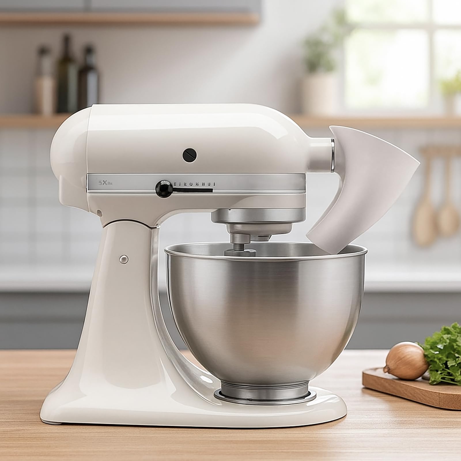 Diseño compacto de embudo para almacenaje junto a la KitchenAid.