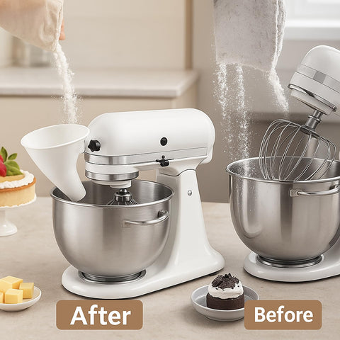Embudo para harina con boca amplia de KitchenAid que facilita verter ingredientes.