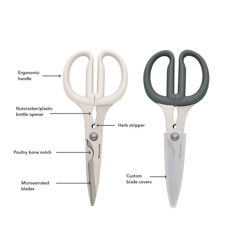 KitchenAid tijeras guardadas con fundas protectoras para seguridad y conservación