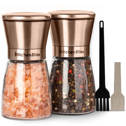 KitchenBliss molinillo con tapa de cobre y cuerpo de cristal para control de finura.