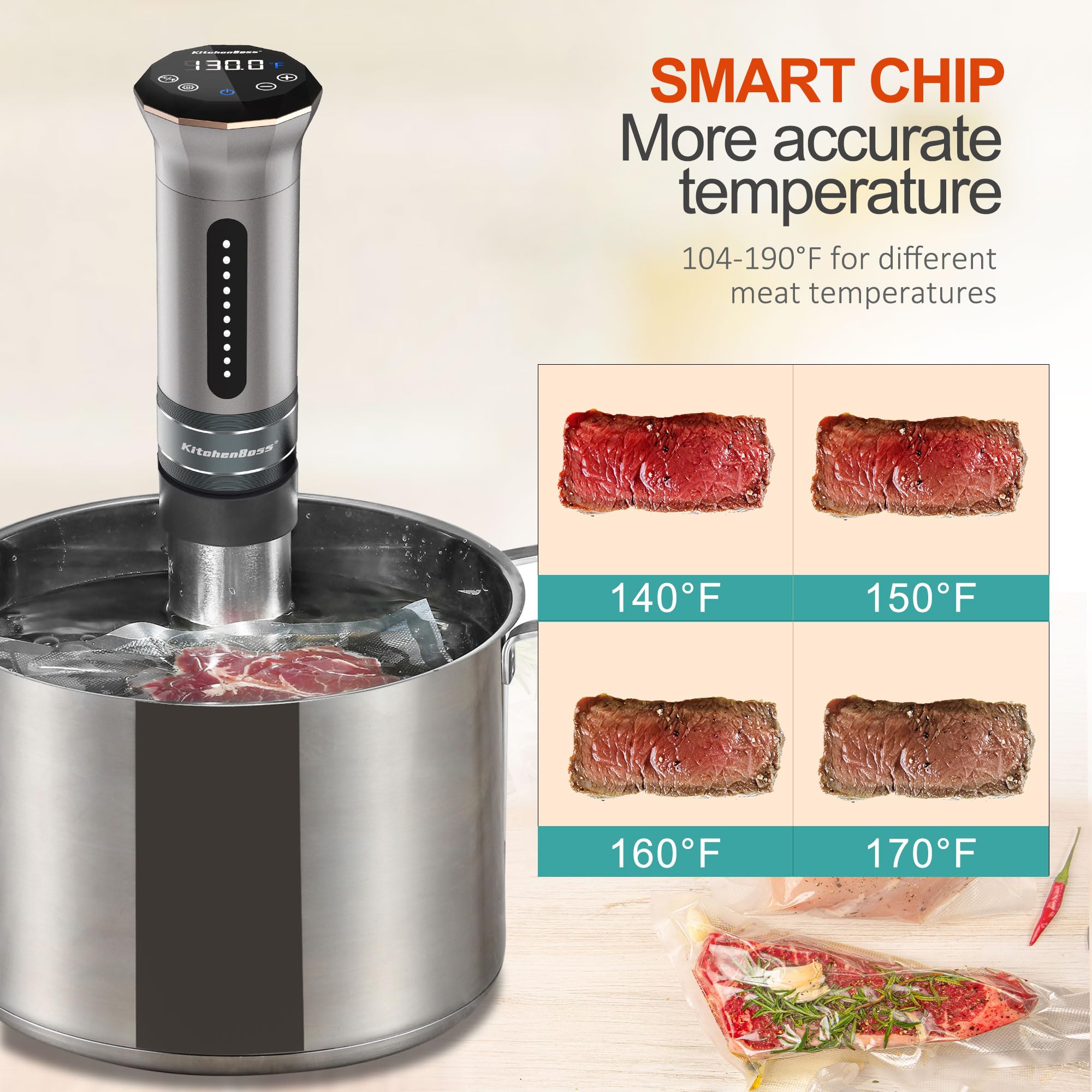 KitchenBoss Sous Vide: control térmico preciso para textura uniforme.