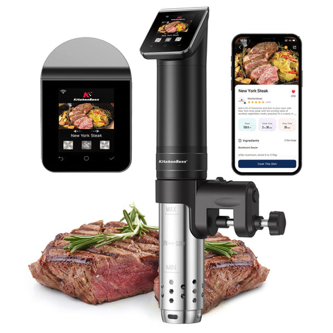 KitchenBoss Sous Vide Cooker, vista frontal, diseño compacto para cocción precisa en casa.