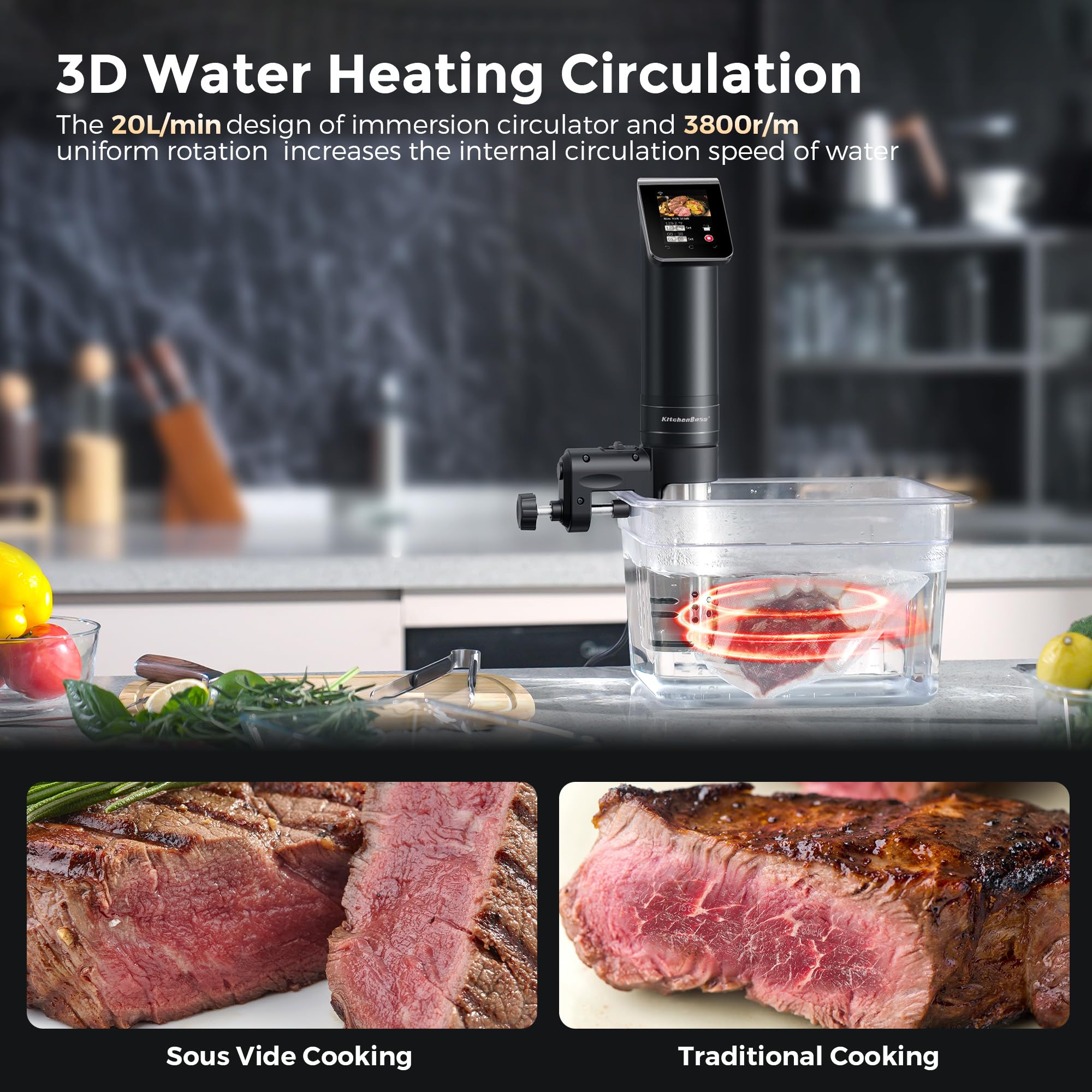 KitchenBoss Sous Vide Cooker, control de temperatura preciso, rango 40–90 °C.