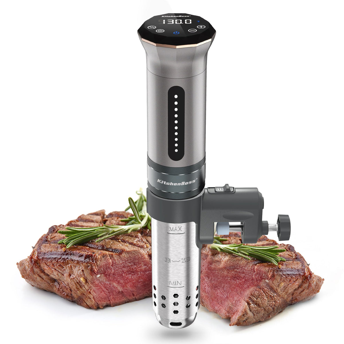 KitchenBoss Sous Vide: diseño inoxidable resistente para cocción sostenible.