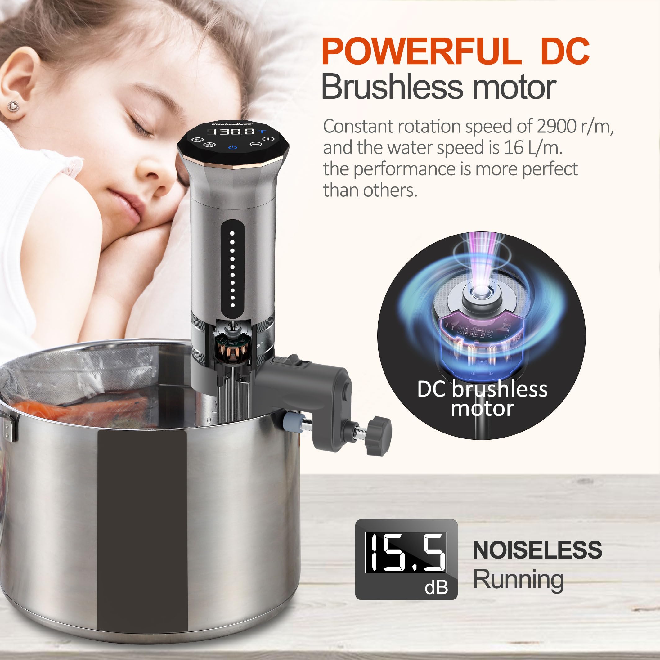 KitchenBoss Sous Vide: motor brushless para rendimiento estable y duradero.