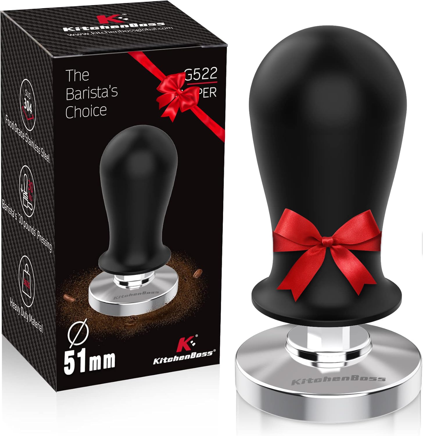 Tamper KitchenBoss 51mm para café expreso con extracción uniforme.