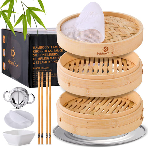 KitchenCrust cesta vaporera de bambú de dos niveles para bollos al vapor y platos variados