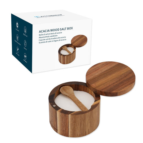 KITCHENDAO salero de acacia con cucharita integrada para servicio limpio y práctico.