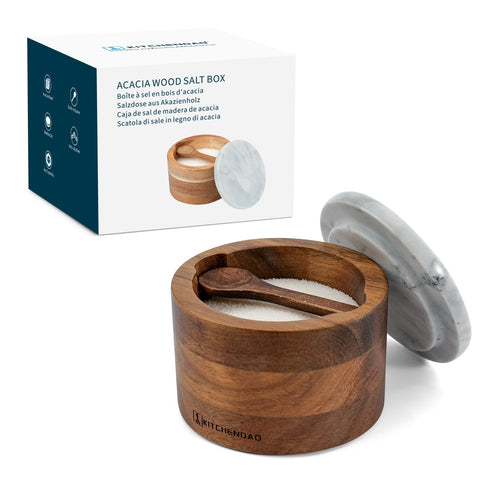 KITCHENDAO salero de acacia con cuchara integrada para verter sal sin buscar la cuchara
