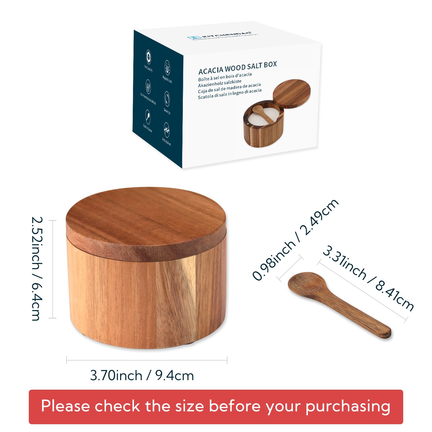 KITCHENDAO salero elegante de acacia para sal, pimienta o azúcar en la mesa.