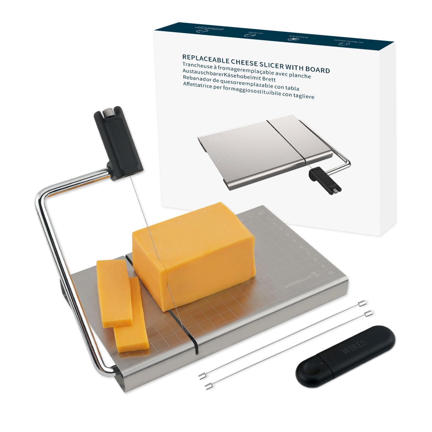 KITCHENDAO cortador de queso con alambre reemplazable para cortes precisos.
