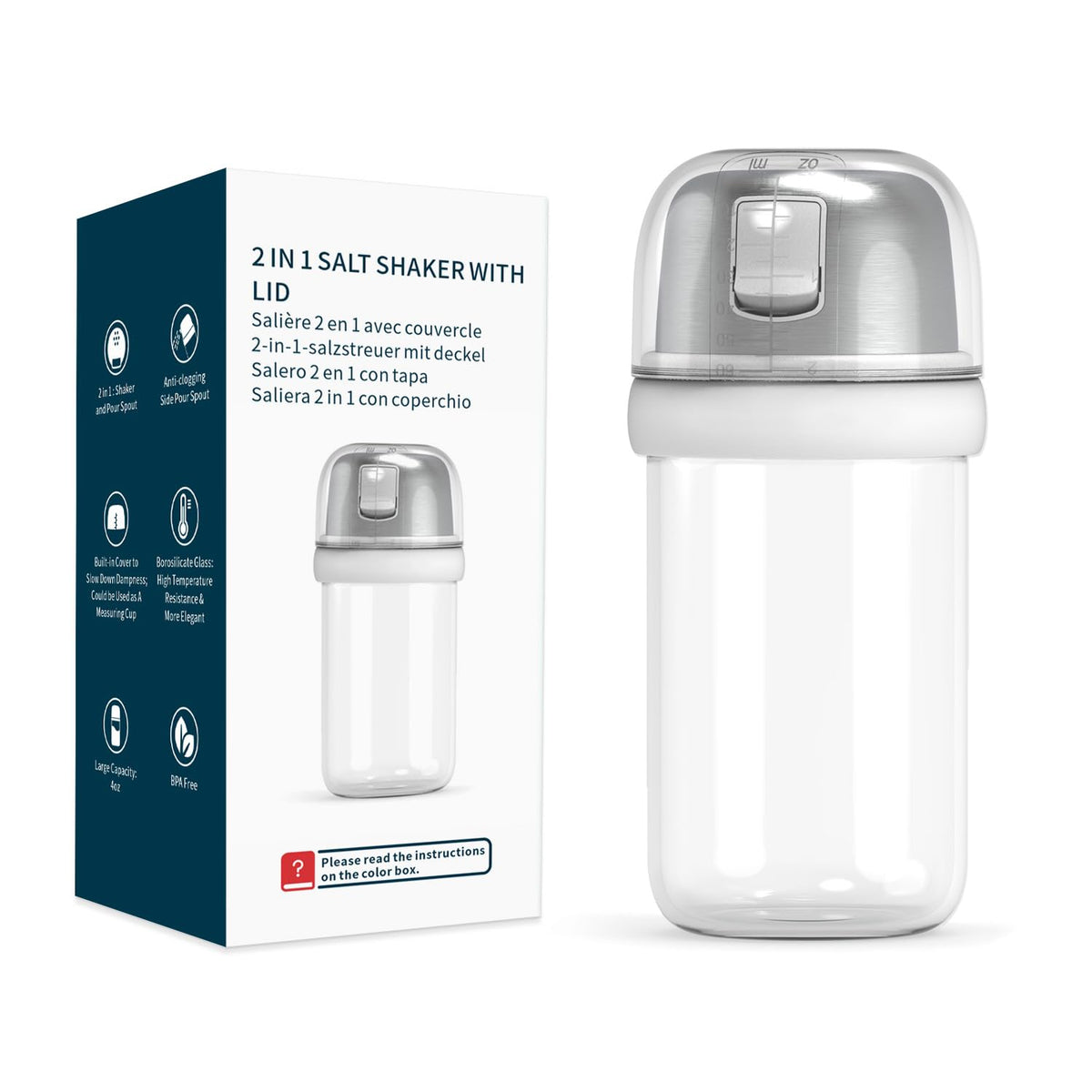 KITCHENDAO Salero 2 en 1 de vidrio borosilicato, vertido controlado para cocina