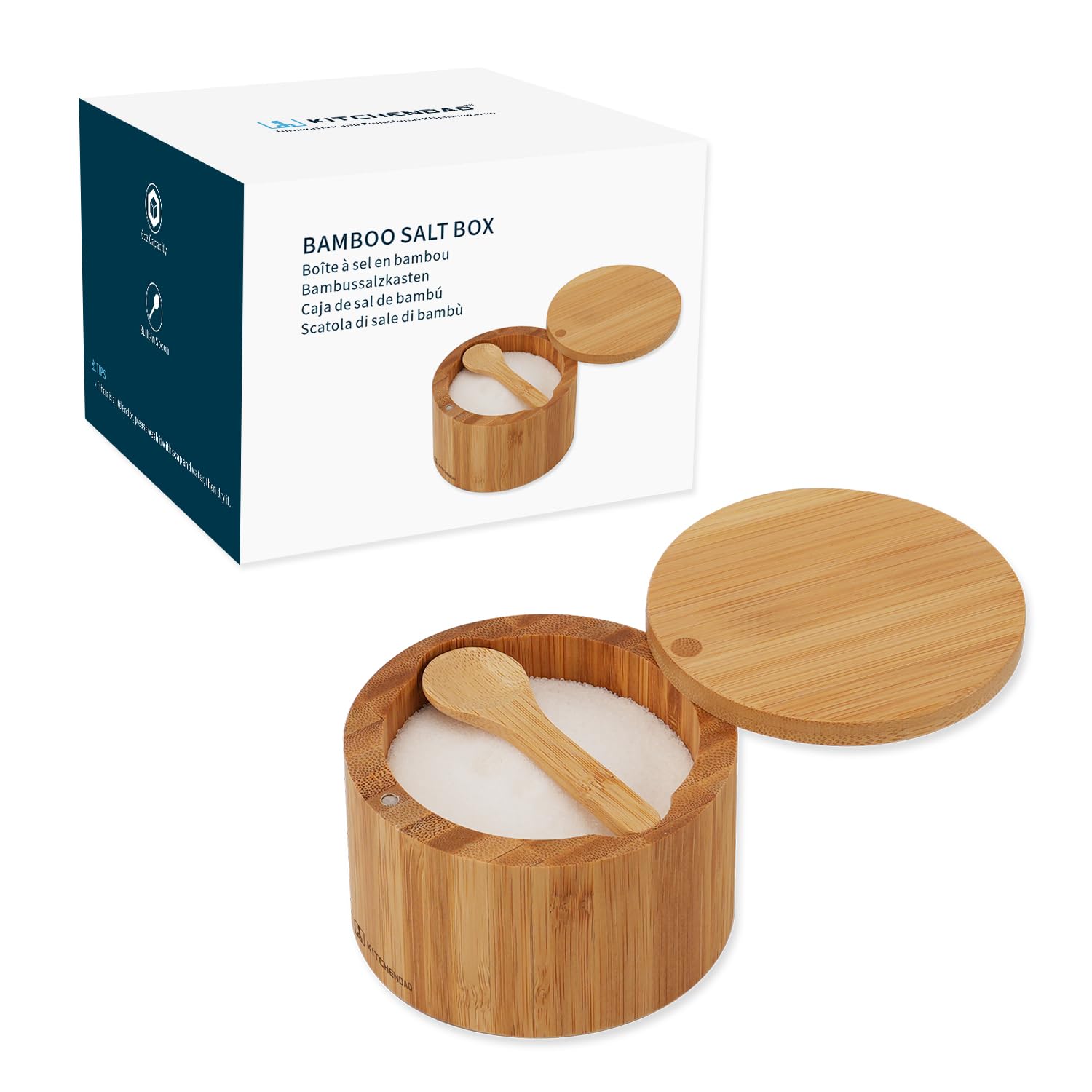KITCHENDAO salero de bambú con cuchara integrada para servicio preciso.