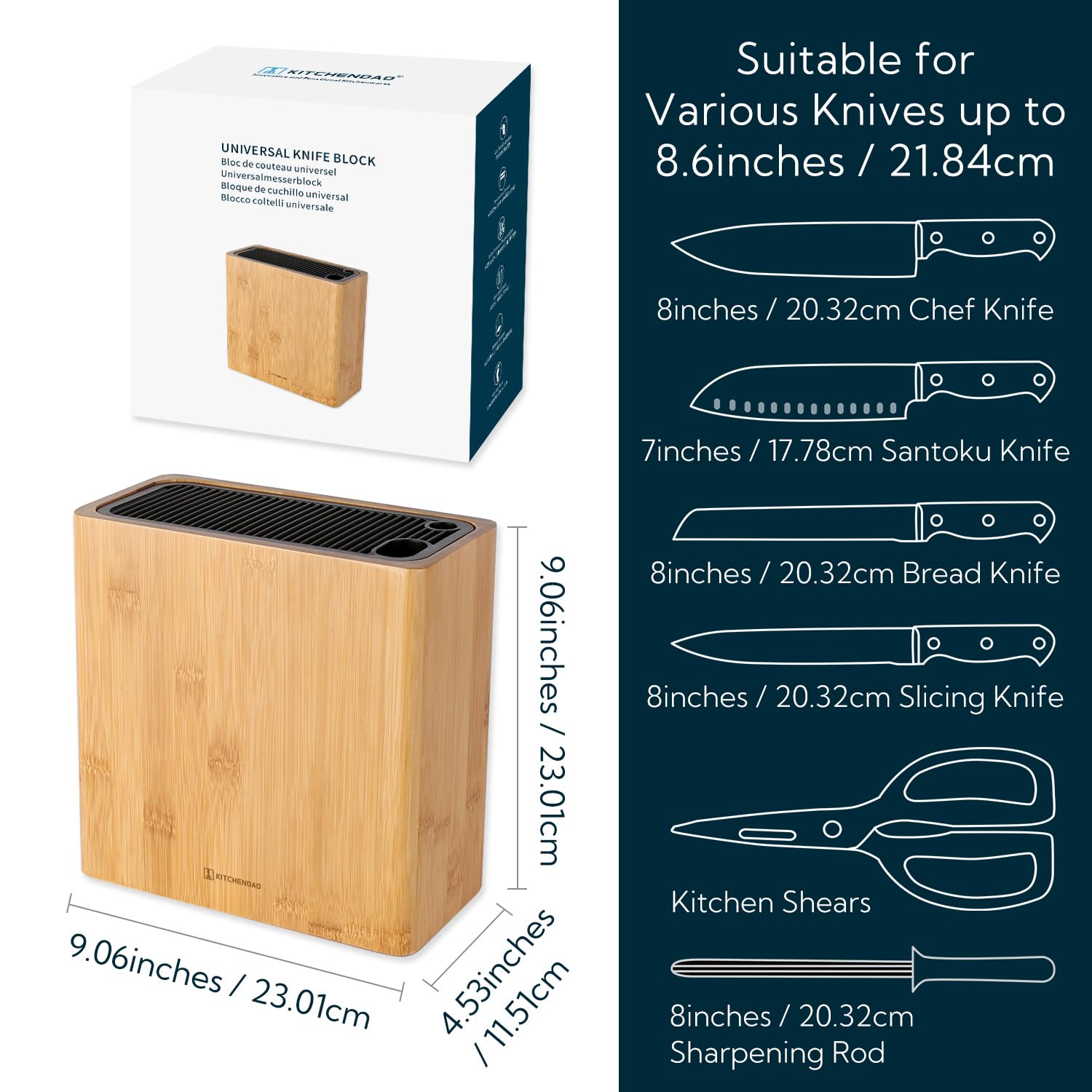 KITCHENDAO XL espacio para tijeras y barra de afilar integrada.