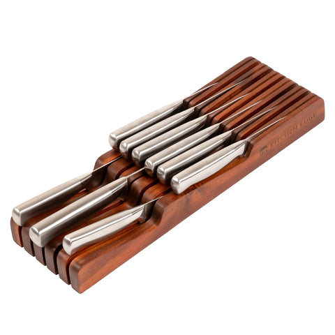 KitchenEdge organizador de cuchillos en cajón de acacia para un almacenamiento limpio y seguro.